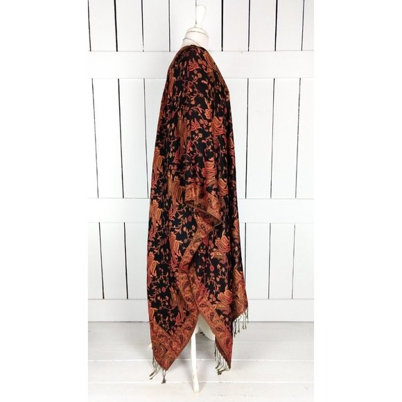 Maxi black orange paisley floral silk pashmina kimono cover up jacket one size - Picture 3 of 4